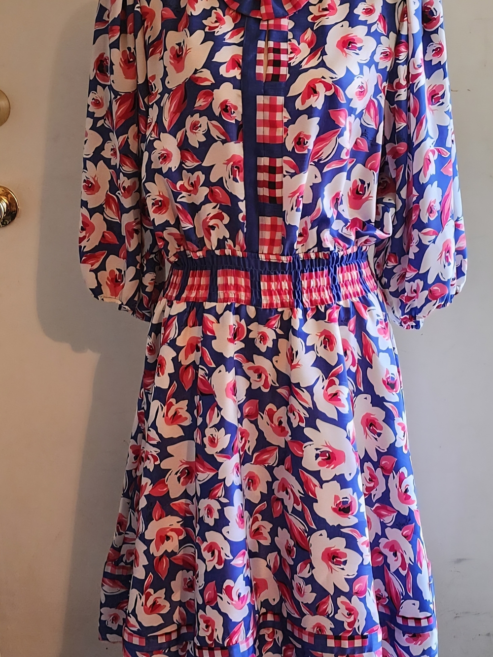 Floral Blue Smocked Waist Maxi Casual Dress with Pink Accents